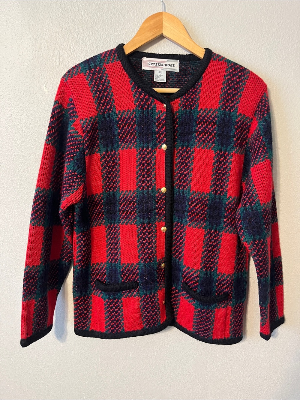 Vintage Tartan Plaid Cardigan Sweater Red Black Green Retro Glam Preppy Size Sm